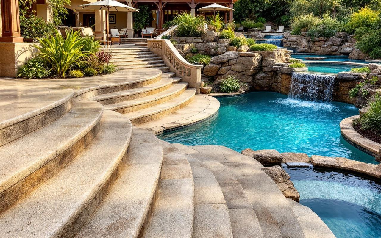 Vue photo-réaliste d'un toboggan en granit poli menant à plusieurs piscines interconnectées, avec surfaces humides et reflets dans l'eau, terrasses en pierre et végétation luxuriante, éclairage doux en fin d'après-midi et ambiance sereine aux tons bleus et verts.