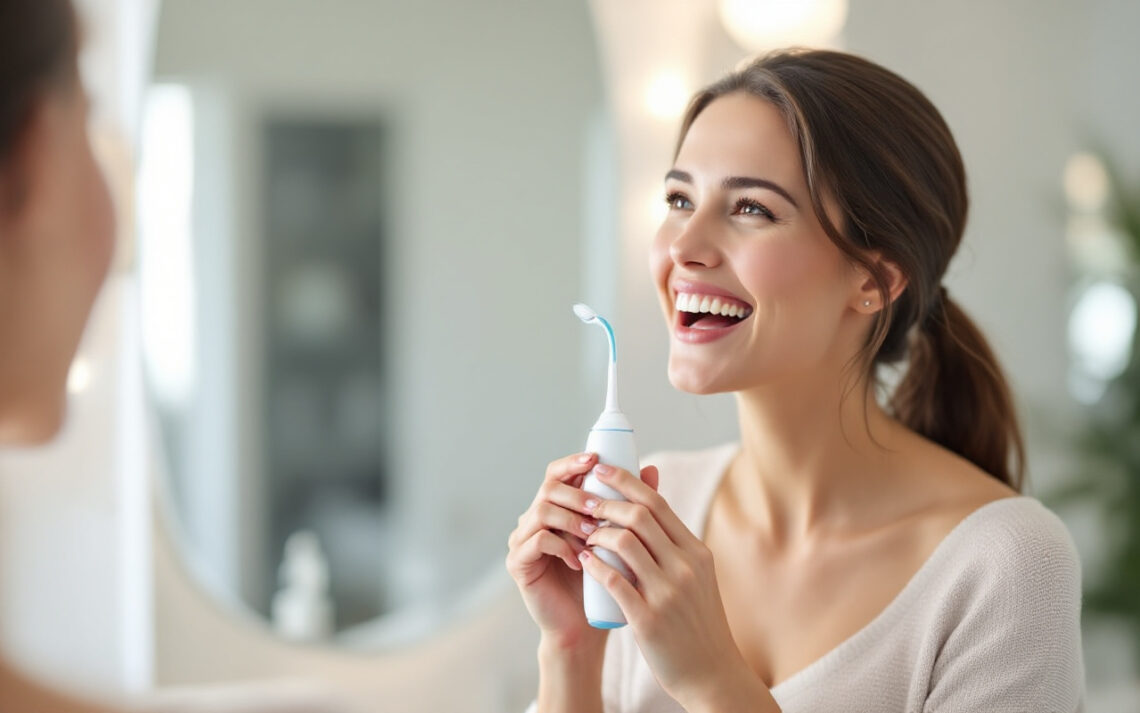 une-personne-utilisant-un-fil-dentaire-a-eau-dans-une-salle-de-bain-lumineuse-souriante-avec-des-reflets-dans-le-miroir-et-un-eclairage-ambiant-doux
