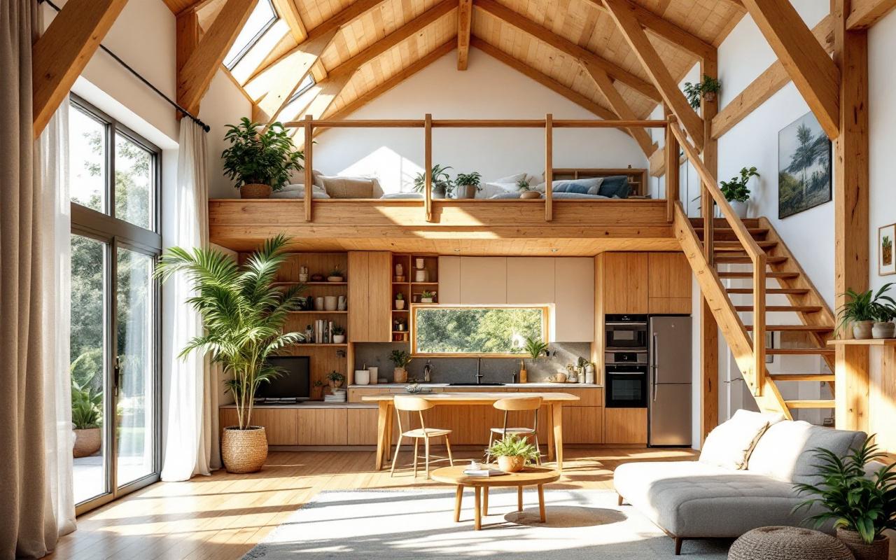 Intérieur spacieux avec mezzanine et finitions en bois, grandes fenêtres ouvertes laissant circuler la brise transversale, rideaux légèrement soulevés, poutres apparentes, escalier en bois, plantes d'intérieur, lumière naturelle douce créant une ambiance calme ; tons chauds du bois avec accents bleus et verts.