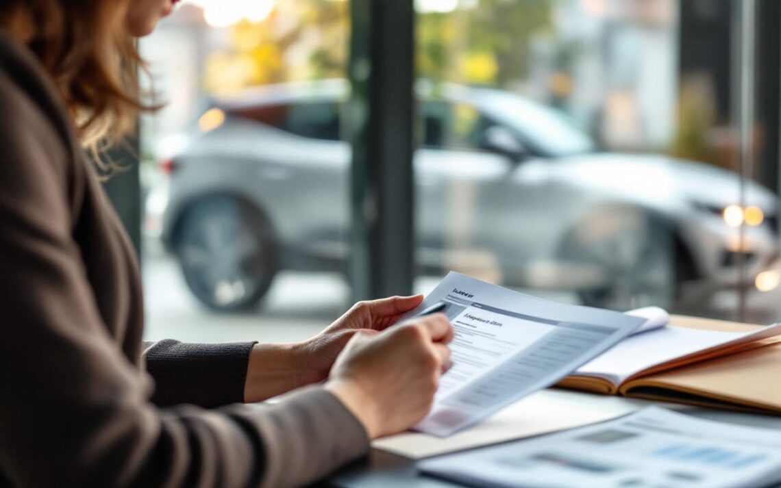 Une femme examine attentivement une annonce de voiture sur un ordinateur portable, entourée de documents de vérification, avec une voiture d’occasion floue en arrière-plan, ambiance mobilité européenne.