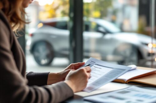 Une femme examine attentivement une annonce de voiture sur un ordinateur portable, entourée de documents de vérification, avec une voiture d’occasion floue en arrière-plan, ambiance mobilité européenne.
