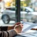 Une femme examine attentivement une annonce de voiture sur un ordinateur portable, entourée de documents de vérification, avec une voiture d’occasion floue en arrière-plan, ambiance mobilité européenne.