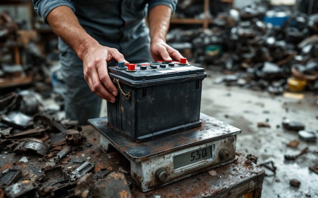 Batterie de voiture usagée posée sur une balance dans un atelier de recyclage chez un ferrailleur à Châteaubriant.