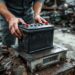 Batterie de voiture usagée posée sur une balance dans un atelier de recyclage chez un ferrailleur à Châteaubriant.