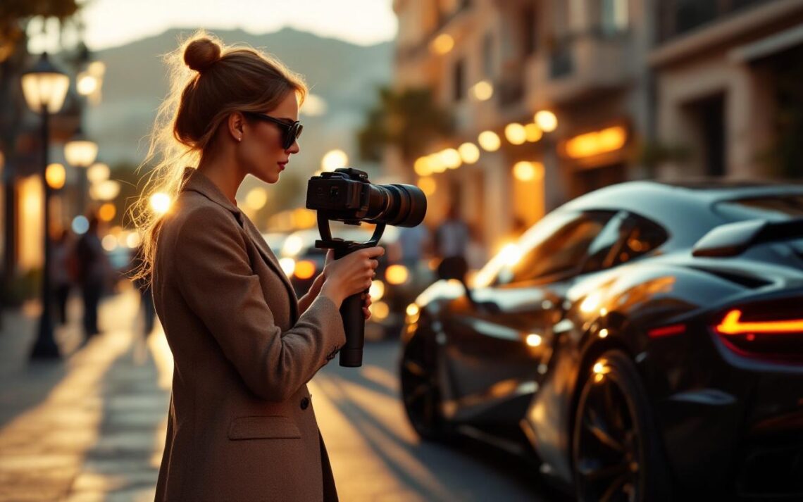 Une influenceuse automobile de luxe filme une supercar avec un stabilisateur sur une rue élégante, ambiance Monaco au coucher du soleil, lumière cinématographique réaliste.