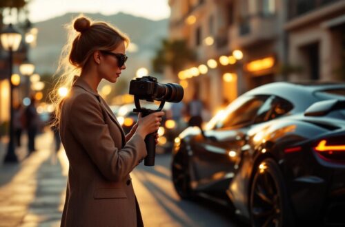 Une influenceuse automobile de luxe filme une supercar avec un stabilisateur sur une rue élégante, ambiance Monaco au coucher du soleil, lumière cinématographique réaliste.