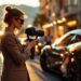 Une influenceuse automobile de luxe filme une supercar avec un stabilisateur sur une rue élégante, ambiance Monaco au coucher du soleil, lumière cinématographique réaliste.