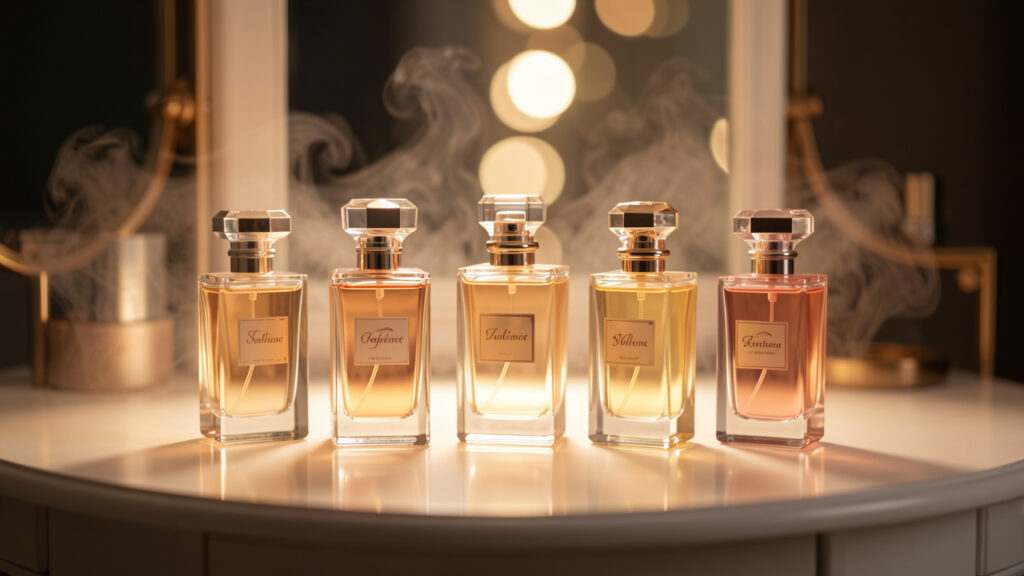 Collection élégante de flacons de parfum féminins sur une coiffeuse lumineuse, ambiance chic et raffinée.