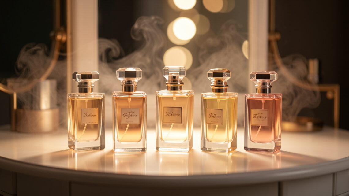 Collection élégante de flacons de parfum féminins sur une coiffeuse lumineuse, ambiance chic et raffinée.