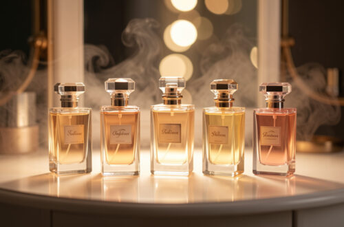 Collection élégante de flacons de parfum féminins sur une coiffeuse lumineuse, ambiance chic et raffinée.