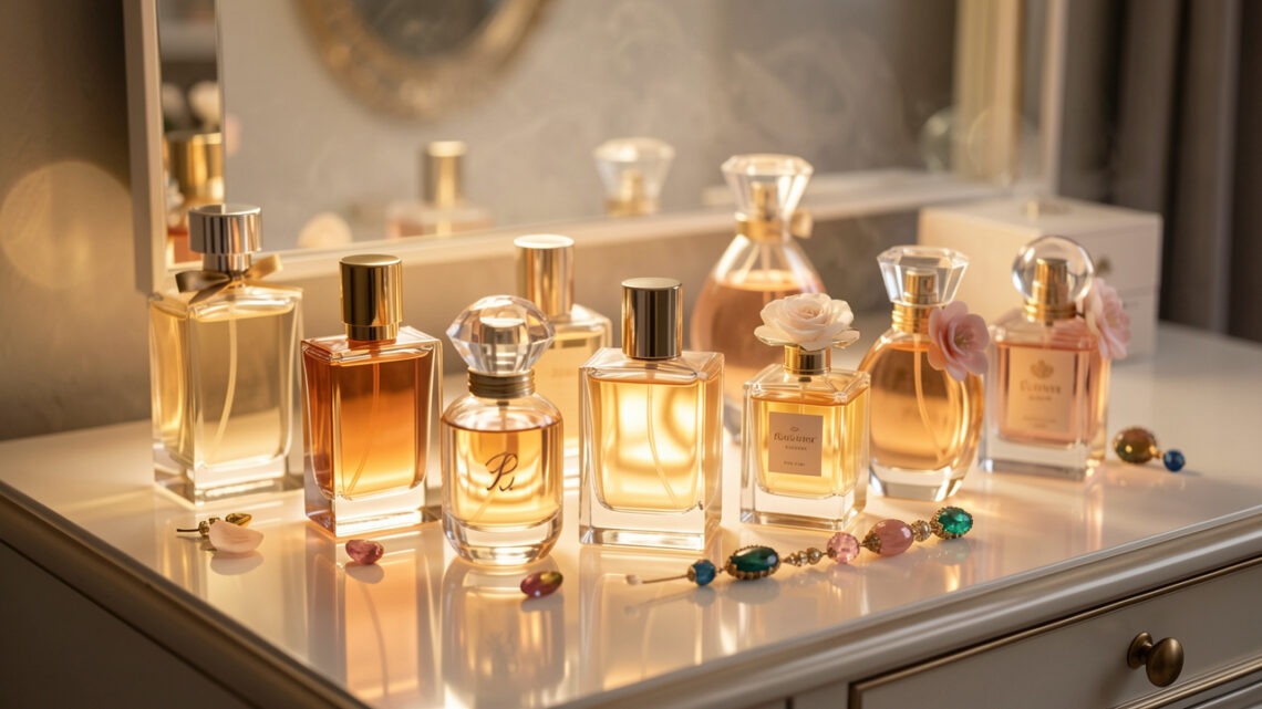 Collection élégante de flacons de parfum féminins disposés sur une coiffeuse lumineuse, ambiance chic et raffinée, reflets doux sur le verre.
