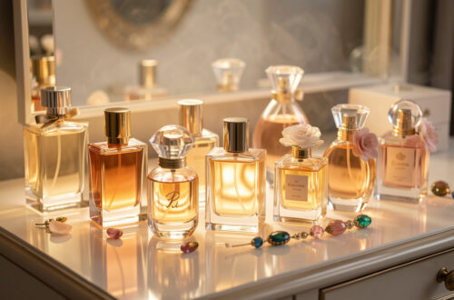 Collection élégante de flacons de parfum féminins disposés sur une coiffeuse lumineuse, ambiance chic et raffinée, reflets doux sur le verre.