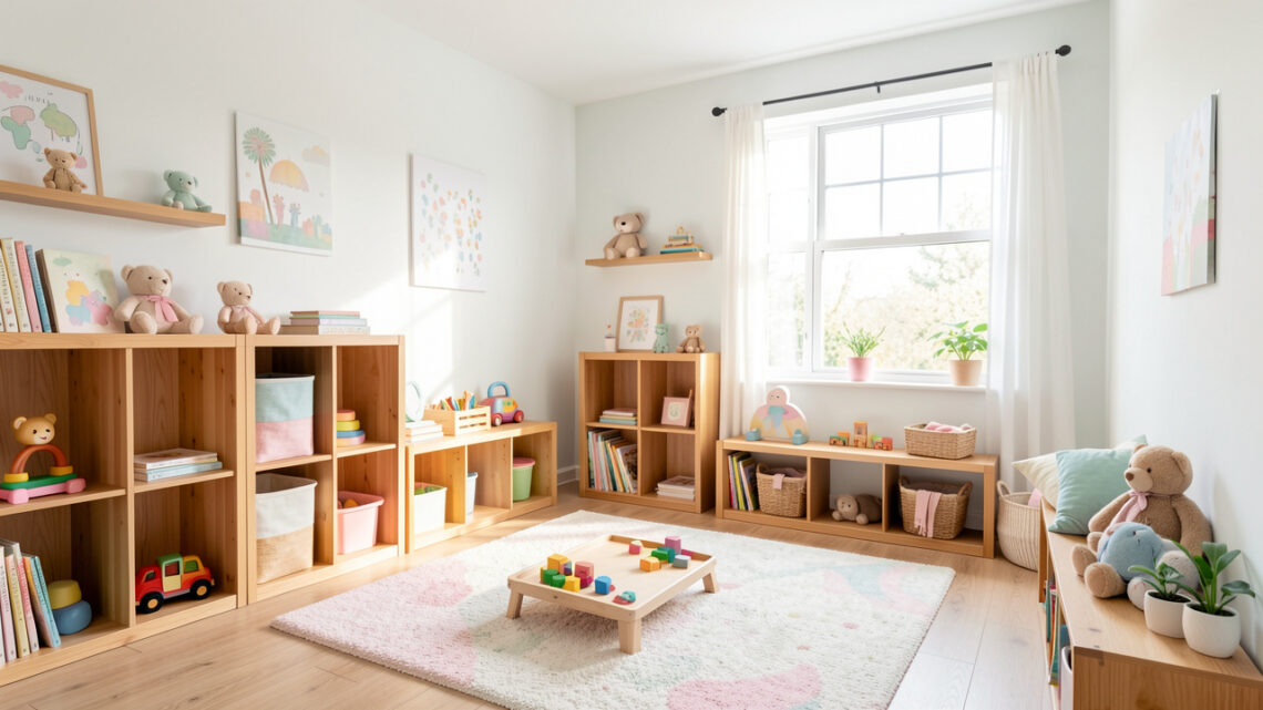 Chambre d’enfant lumineuse avec rangements en bois, espace de jeu dégagé et décoration douce aux couleurs pastel.