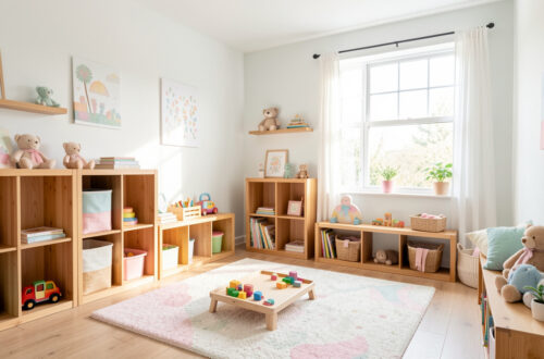 Chambre d’enfant lumineuse avec rangements en bois, espace de jeu dégagé et décoration douce aux couleurs pastel.