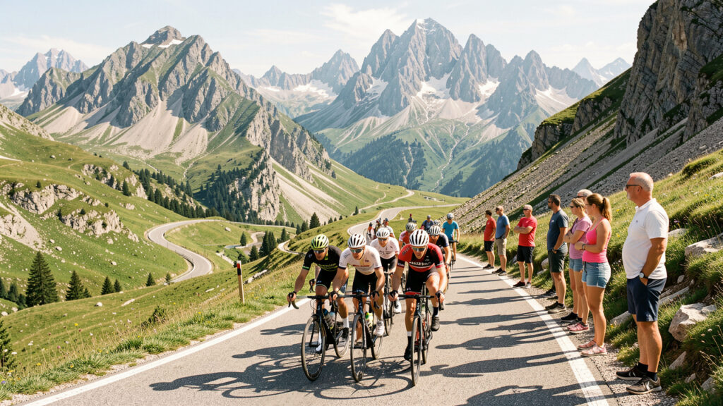 Peloton de cyclistes gravissant une route de haute montagne, entouré de spectateurs, avec les reliefs alpins sous une lumière estivale.