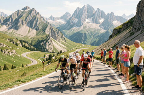 Peloton de cyclistes gravissant une route de haute montagne, entouré de spectateurs, avec les reliefs alpins sous une lumière estivale.