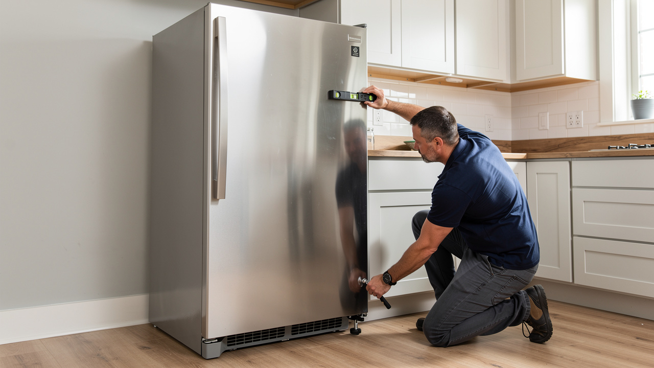 Un technicien installe et met de niveau un réfrigérateur moderne dans une cuisine lumineuse, avec un espace de ventilation visible derrière l’appareil.