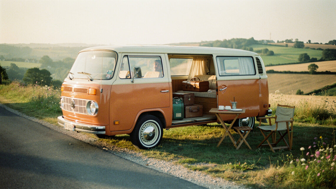Van aménagé rétro stationné au bord d’une route de campagne française, avec des bagages et du mobilier vintage dans une douce lumière de fin d’après-midi.