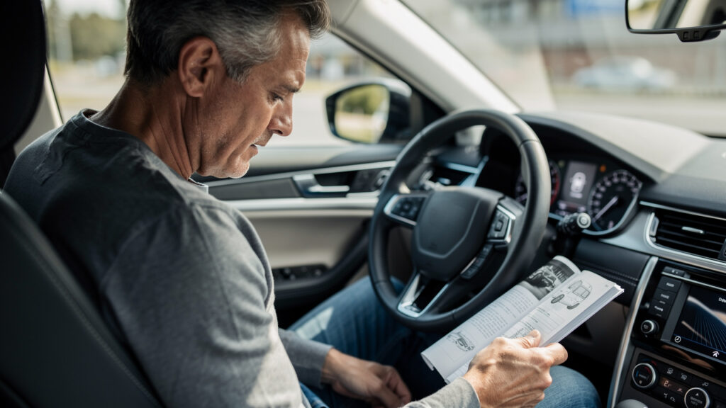 Un homme consulte le carnet d’entretien ouvert de sa voiture, tandis qu’un voyant de révision est visible sur le tableau de bord.
