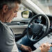 Un homme consulte le carnet d’entretien ouvert de sa voiture, tandis qu’un voyant de révision est visible sur le tableau de bord.