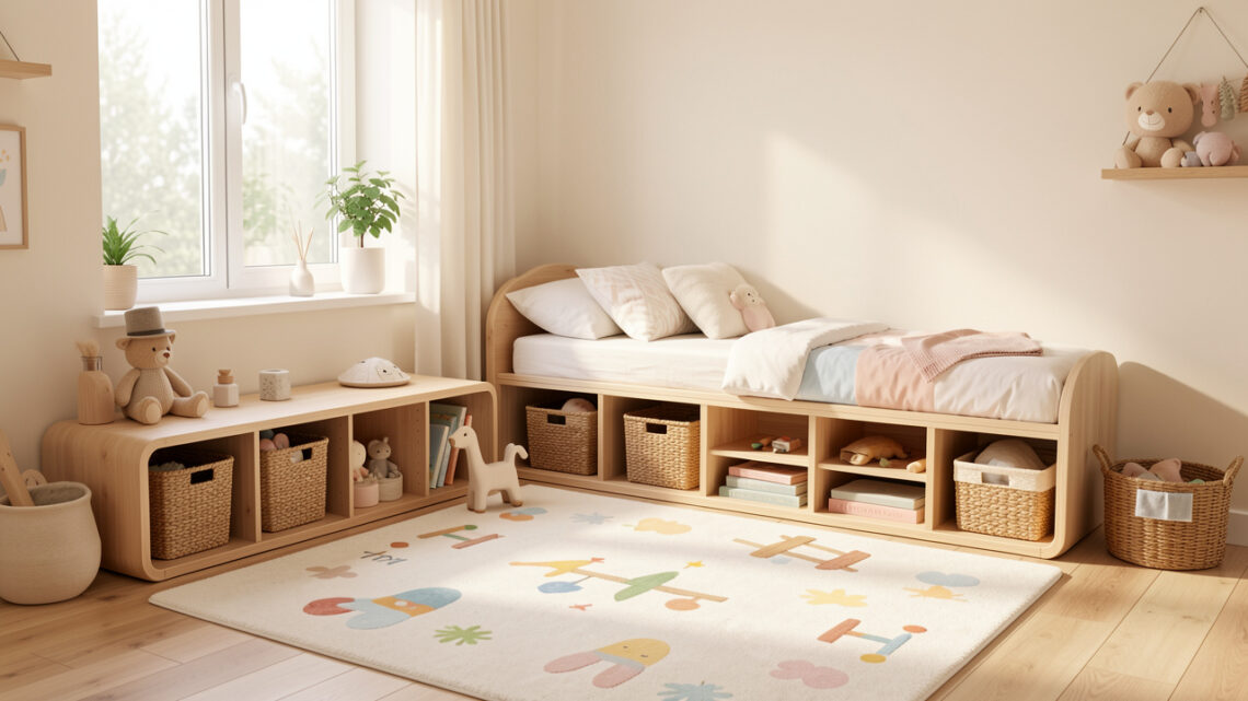 Chambre d’enfant lumineuse et évolutive avec rangements bas, tapis de jeu, décoration douce et mobilier en bois.