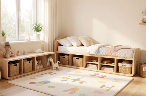 Chambre d’enfant lumineuse et évolutive avec rangements bas, tapis de jeu, décoration douce et mobilier en bois.