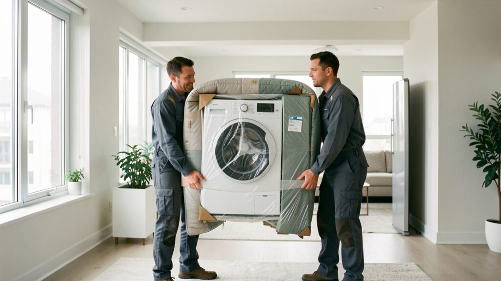 Deux déménageurs transportent avec précaution un lave-linge et un réfrigérateur protégés dans un intérieur lumineux.