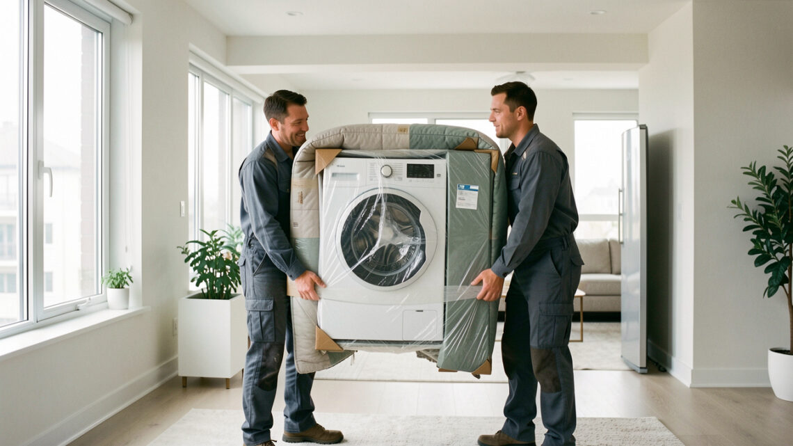 Deux déménageurs transportent avec précaution un lave-linge et un réfrigérateur protégés dans un intérieur lumineux.