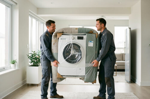 Deux déménageurs transportent avec précaution un lave-linge et un réfrigérateur protégés dans un intérieur lumineux.