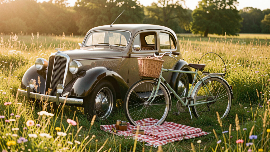 Voiture ancienne garée dans une prairie au coucher du soleil, accompagnée d’un vélo rétro, d’un panier de pique-nique et d’une couverture à carreaux.
