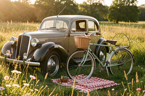 Voiture ancienne garée dans une prairie au coucher du soleil, accompagnée d’un vélo rétro, d’un panier de pique-nique et d’une couverture à carreaux.