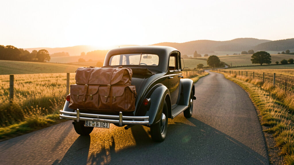 Voiture vintage chargée de bagages en cuir roulant sur une route de campagne au coucher du soleil.