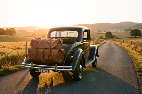 Voiture vintage chargée de bagages en cuir roulant sur une route de campagne au coucher du soleil.