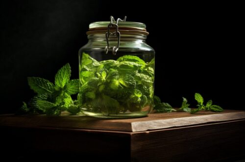 Bouquet de menthe fraîche placé dans un verre d’eau pour prolonger sa conservation.