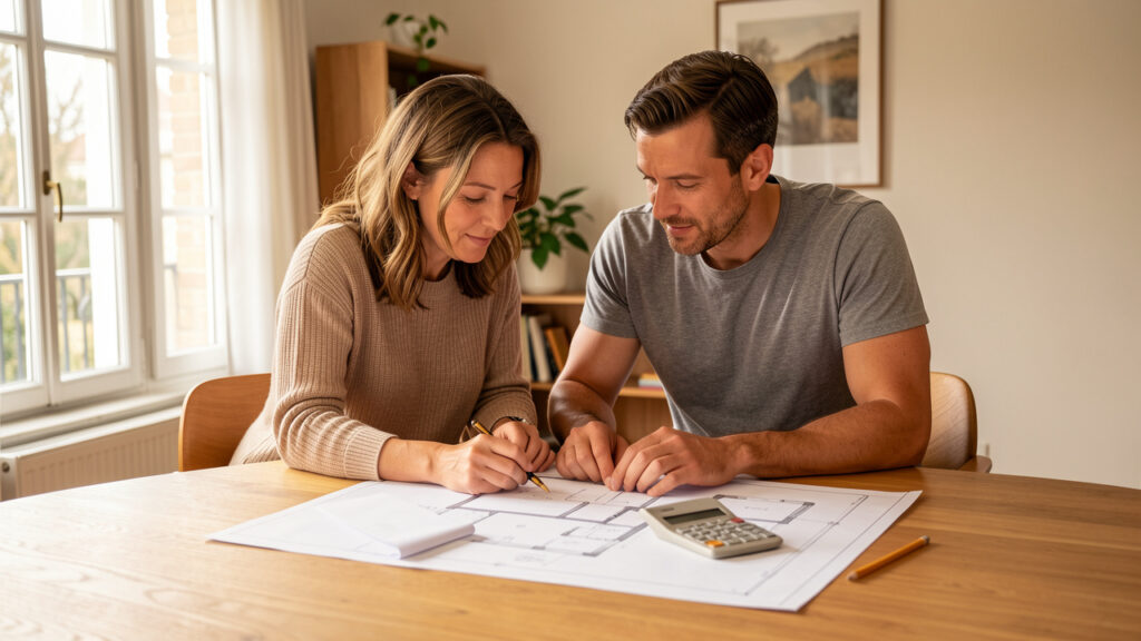 Un couple examine des simulations de crédit immobilier sur une table avec des plans de maison vierges et une calculatrice, dans une ambiance lumineuse et réaliste.