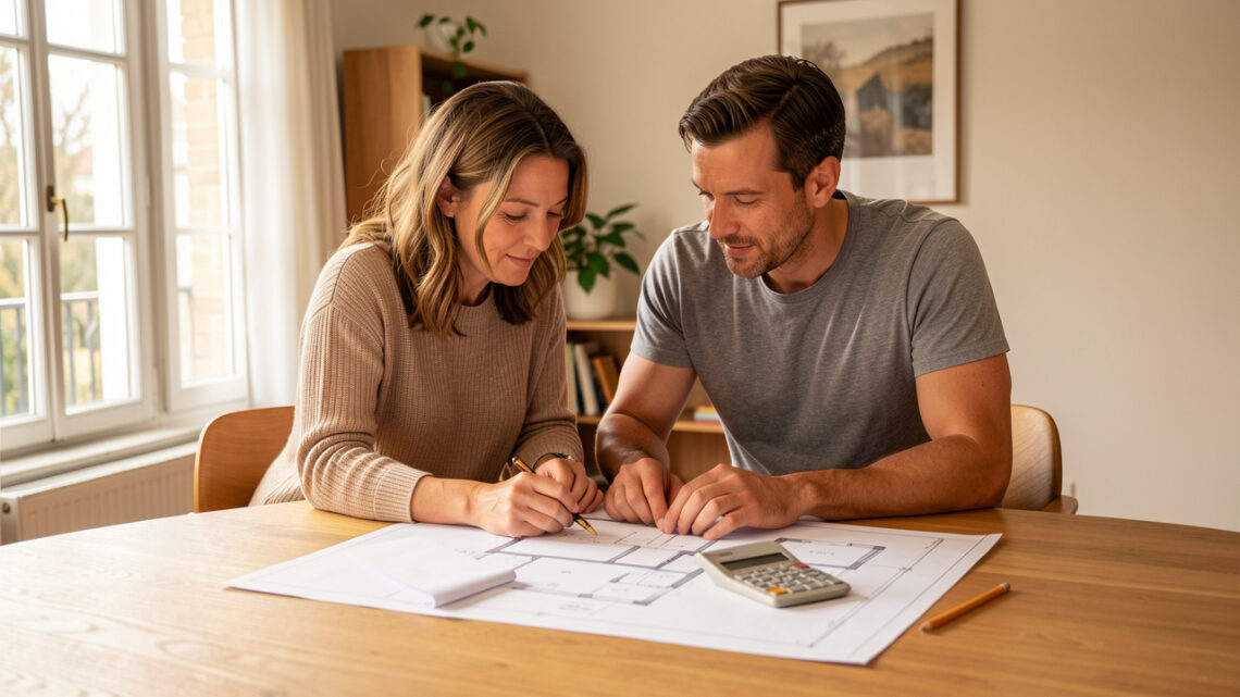 Un couple examine des simulations de crédit immobilier sur une table avec des plans de maison vierges et une calculatrice, dans une ambiance lumineuse et réaliste.