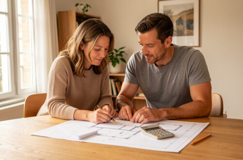 Un couple examine des simulations de crédit immobilier sur une table avec des plans de maison vierges et une calculatrice, dans une ambiance lumineuse et réaliste.