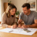 Un couple examine des simulations de crédit immobilier sur une table avec des plans de maison vierges et une calculatrice, dans une ambiance lumineuse et réaliste.