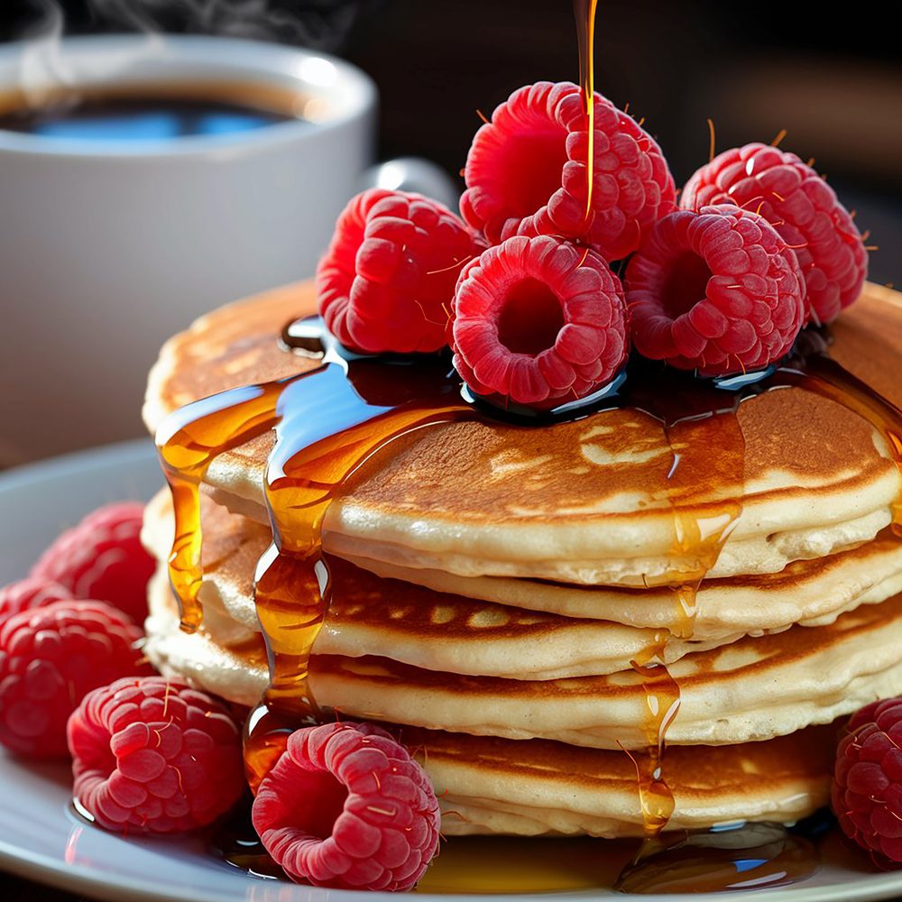 Crêpes dorées à la farine complète accompagnées de fraises et de myrtilles dans une assiette claire.