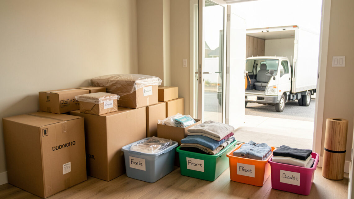 Scène de déménagement organisée avec des cartons soigneusement emballés, des fournitures de rangement et un camion visible devant un appartement lumineux.