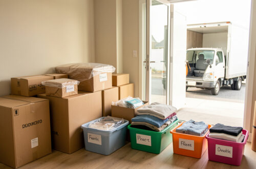 Scène de déménagement organisée avec des cartons soigneusement emballés, des fournitures de rangement et un camion visible devant un appartement lumineux.