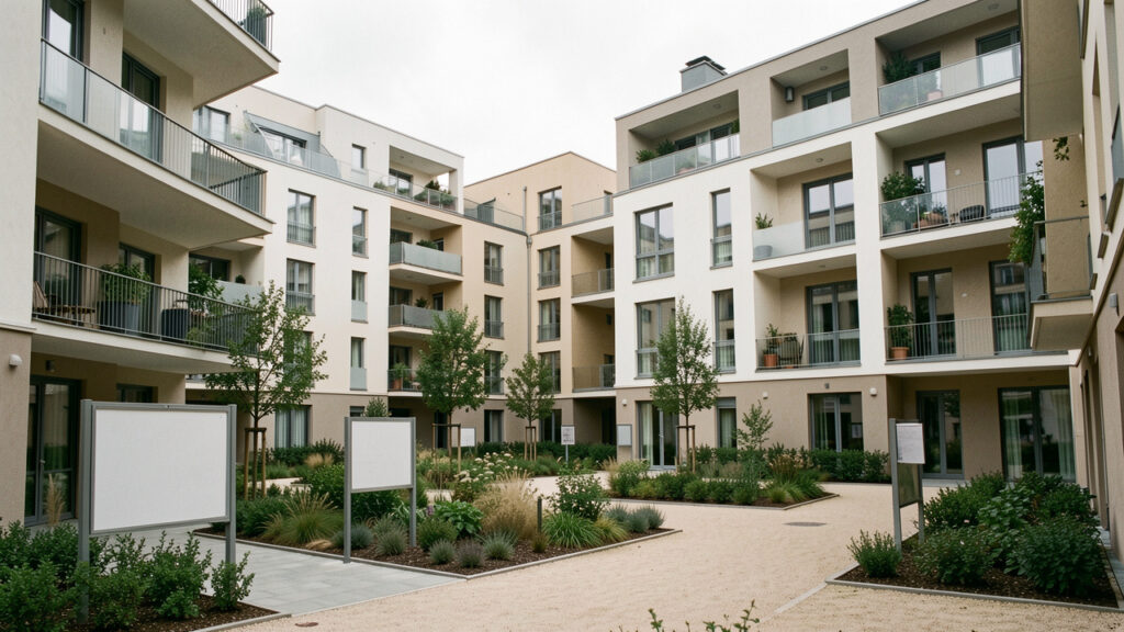 Immeubles résidentiels neufs dans une grande ville française, avec façades contemporaines, espace paysager et panneaux immobiliers vierges.