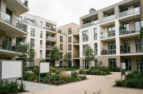 Immeubles résidentiels neufs dans une grande ville française, avec façades contemporaines, espace paysager et panneaux immobiliers vierges.