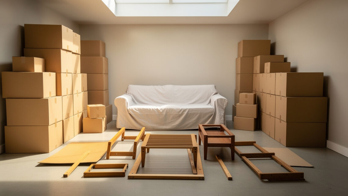 Intérieur lumineux et bien organisé d’un garde-meuble avec cartons sans inscriptions, canapé protégé et meubles démontés.