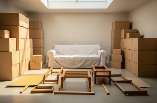 Intérieur lumineux et bien organisé d’un garde-meuble avec cartons sans inscriptions, canapé protégé et meubles démontés.