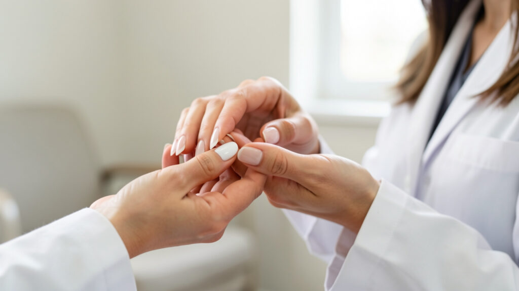 Gros plan sur la main d’une femme aux ongles pâles et blanchâtres examinée avec douceur par une médecin dans un cabinet médical.