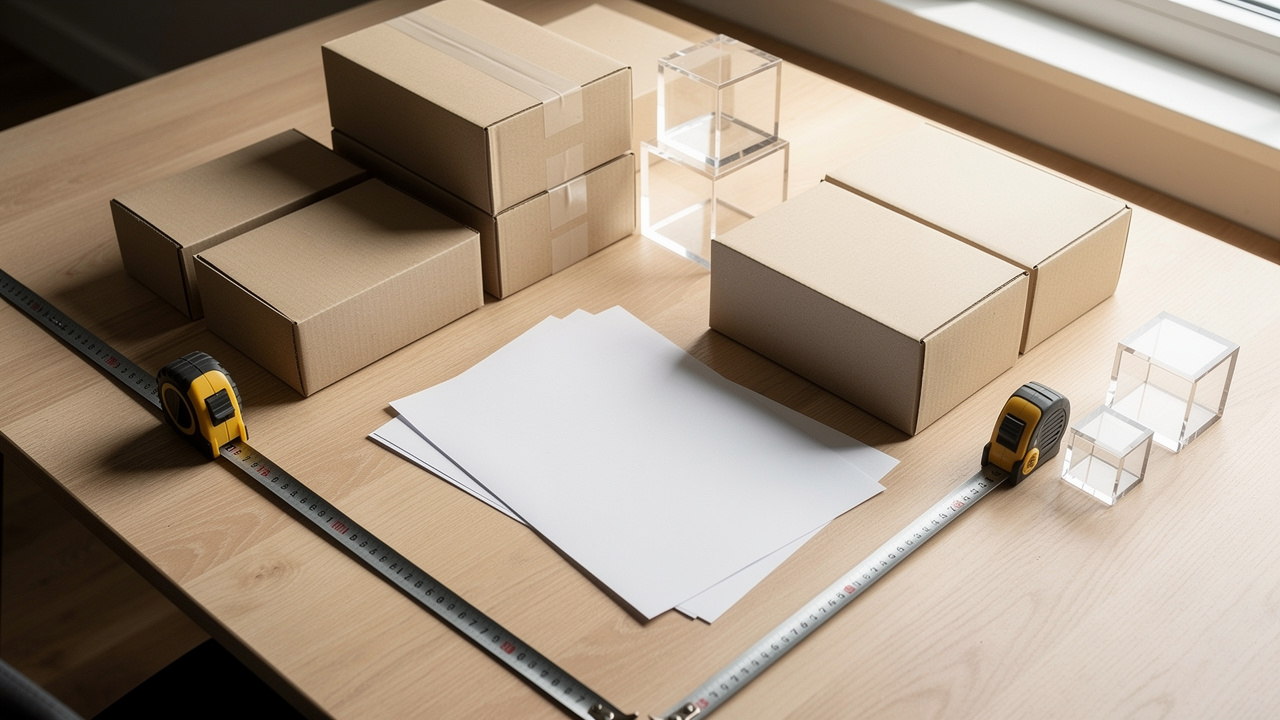 Vue en plongée d’un espace de préparation au stockage avec des cartons de déménagement, des mètres ruban, des feuilles d’inventaire vierges et des modèles cubiques transparents illustrant le calcul des volumes.