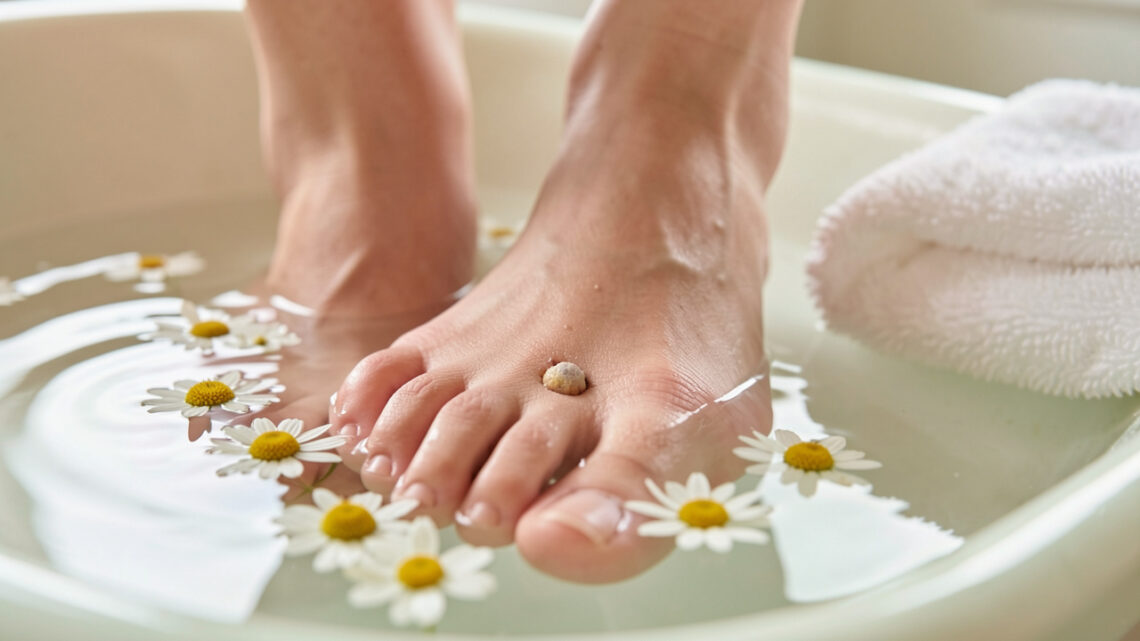 Gros plan non graphique d’un pied de femme présentant un œil-de-perdrix douloureux entre les orteils, accompagné de soins naturels apaisants.