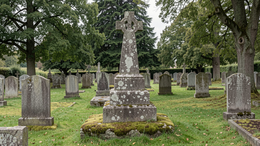 Ancien calvaire breton en granit au milieu d’un cimetière communal paisible, éclairé par une lumière douce et sans présence humaine.