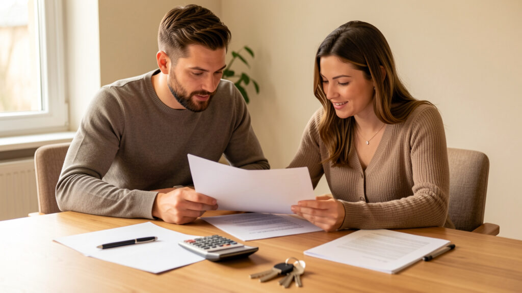 Un homme et une femme examinent ensemble un dossier de prêt immobilier sur une table, entourés de documents vierges, d’une calculatrice et de clés de logement.